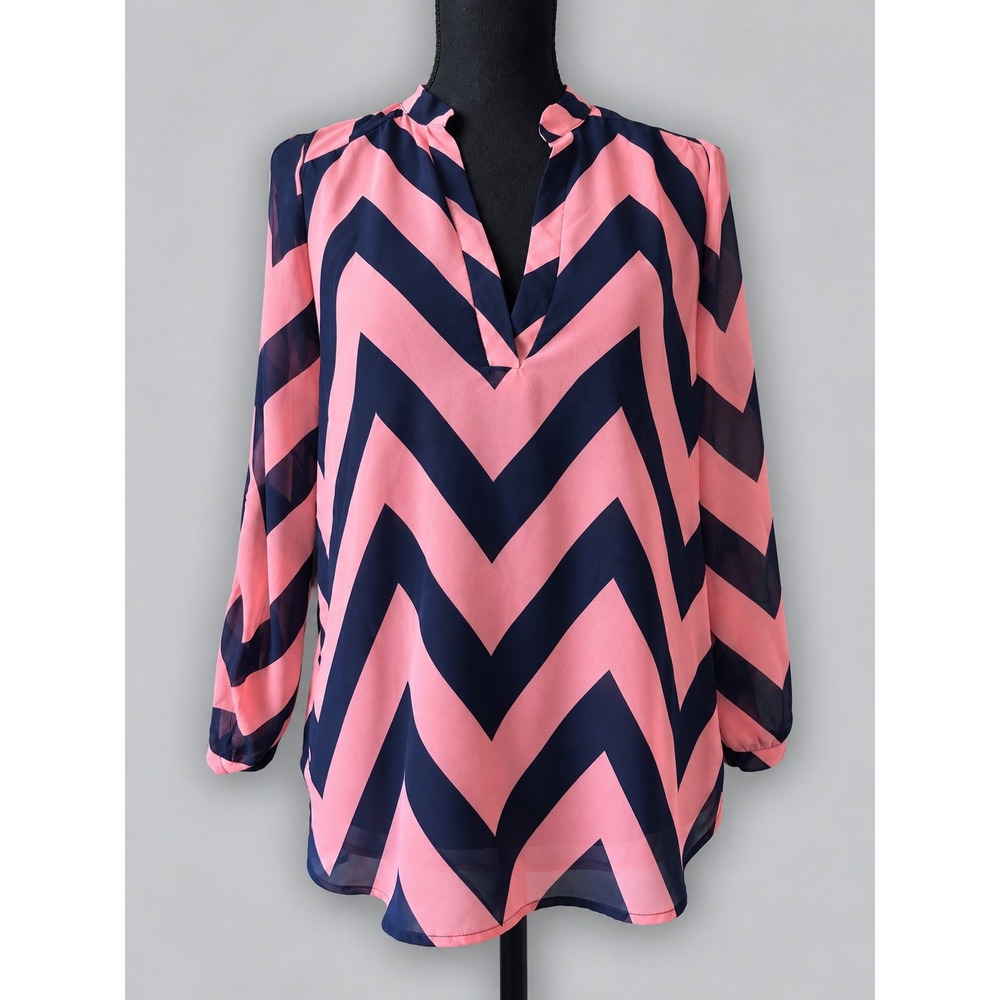 Teenbell Chevron Blouse Women Medium Pink Navy Excellent Roll Tab Sleeve V-Neck